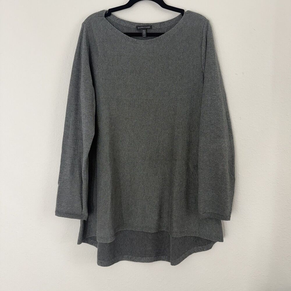 Eileen Fisher Women's Gray Metallic Knit Sweater Medium Long Sleeve Popover